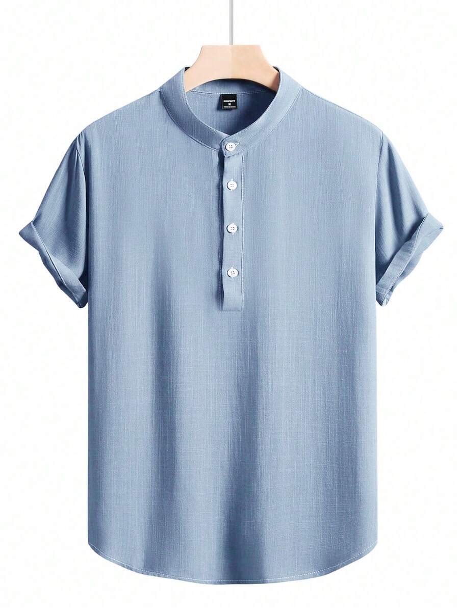 Manfinity Homme 男士夏季纯色半扣衬衫 - 淺藍色 - 查看 1