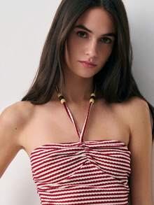 Nöista Top corto de cuello halter de punto a rayas, con escote con cuentas, con lazo y moño en la espalda para ajustar. Primavera, verano, Pascua, ropa de playa, estilo callejero. - Rojo - Ver 6