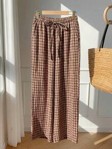 Comfortcana 女士休闲格子抽绳腰裤，适合日常穿着、春夏装扮、情人节服装、嘉年华装扮、乡村风格裤装，棕色格子裤，夏季格子裤 - 棕色 - 查看 7