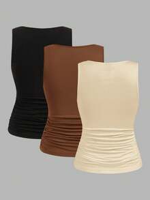 SHEIN LUNE 3pcs/Set Casual Solid Color Slim Fit Women Tank Tops, Suitable For Summer Women Tank Tops Summer Neutral Tops 3 Pack Tank Tops Basic Tops Tan Tops Women - Multicolor - View 10