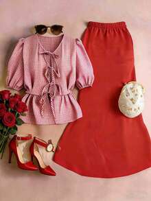 GlowEve CURVE Conjunto de 2 piezas de talla grande, estilo chino casual para vacaciones, adecuado para fiestas, reuniones, calle, Día de San Patricio, Pascua, Día de San Valentín, Acción de Gracias, Navidad, cómodo y versátil para primavera/verano - Rojo - Ver 1