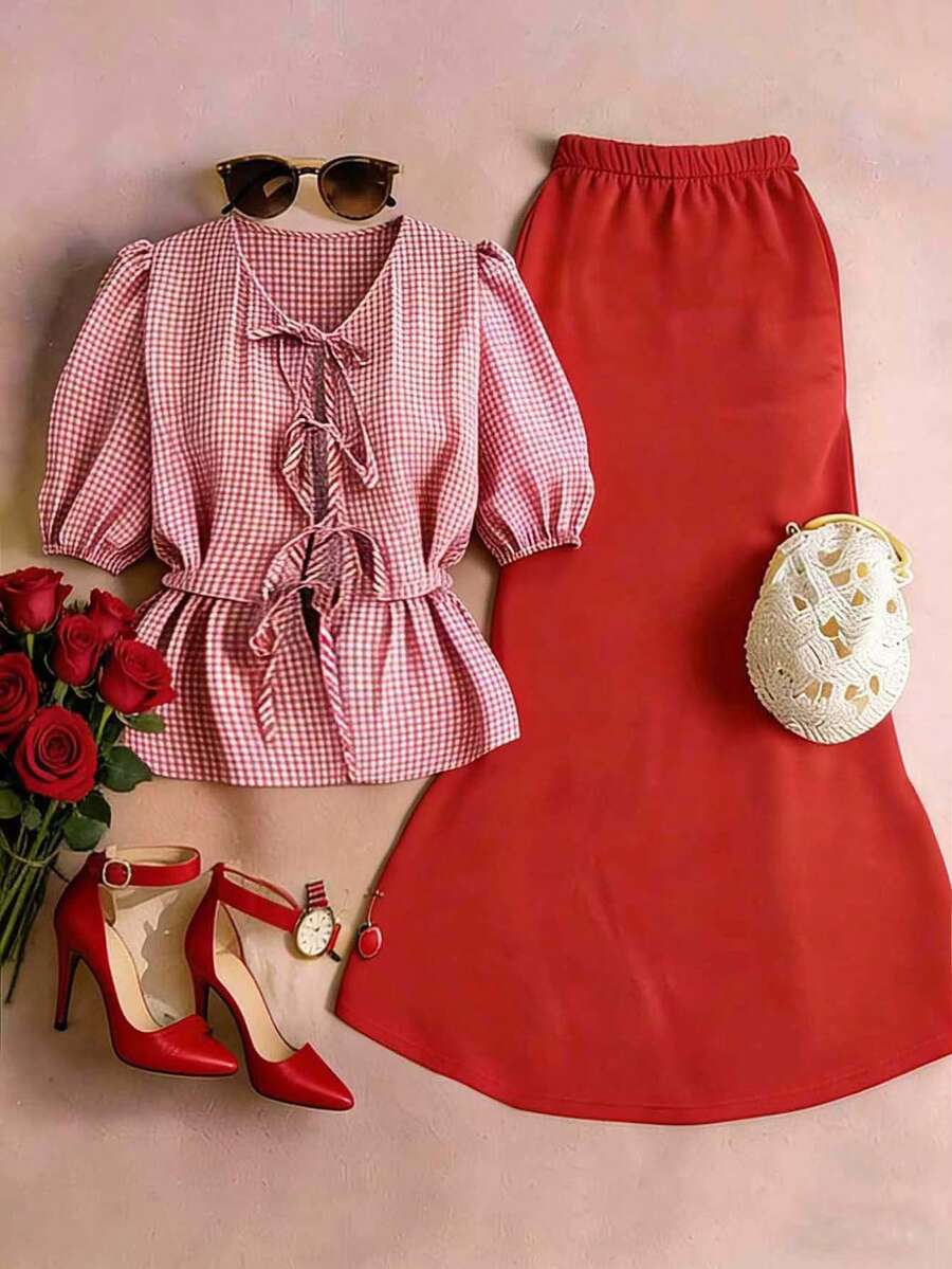 GlowEve CURVE Conjunto de 2 piezas de talla grande, estilo chino casual para vacaciones, adecuado para fiestas, reuniones, calle, Día de San Patricio, Pascua, Día de San Valentín, Acción de Gracias, Navidad, cómodo y versátil para primavera/verano - Rojo - Ver 1