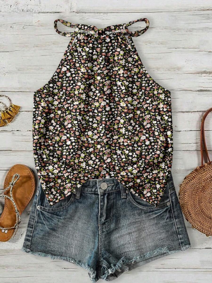 SHEIN LUNE 女士休闲度假露背吊带背心，碎花图案，适合春夏穿着 - 彩色 - 查看 1