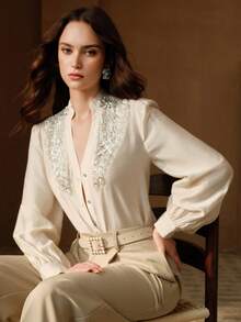 Anewsta Chemisier élégant pour femme avec un design de luxe, broderie, décoration de strass, chemise blanche Top de gamme, convenant pour sortir, être élégante, les loisirs, les occasions formelles, les fêtes, la mode, le travail, la remise des diplômes, le mariage - Beige - Voir 3