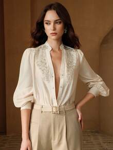 Anewsta Chemisier élégant pour femme avec un design de luxe, broderie, décoration de strass, chemise blanche Top de gamme, convenant pour sortir, être élégante, les loisirs, les occasions formelles, les fêtes, la mode, le travail, la remise des diplômes, le mariage - Beige - Voir 4