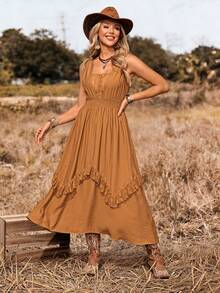 LanaWest Vestido sin mangas de unicolor con volantes en la cintura, estilo occidental para mujer - Caqui - Ver 1