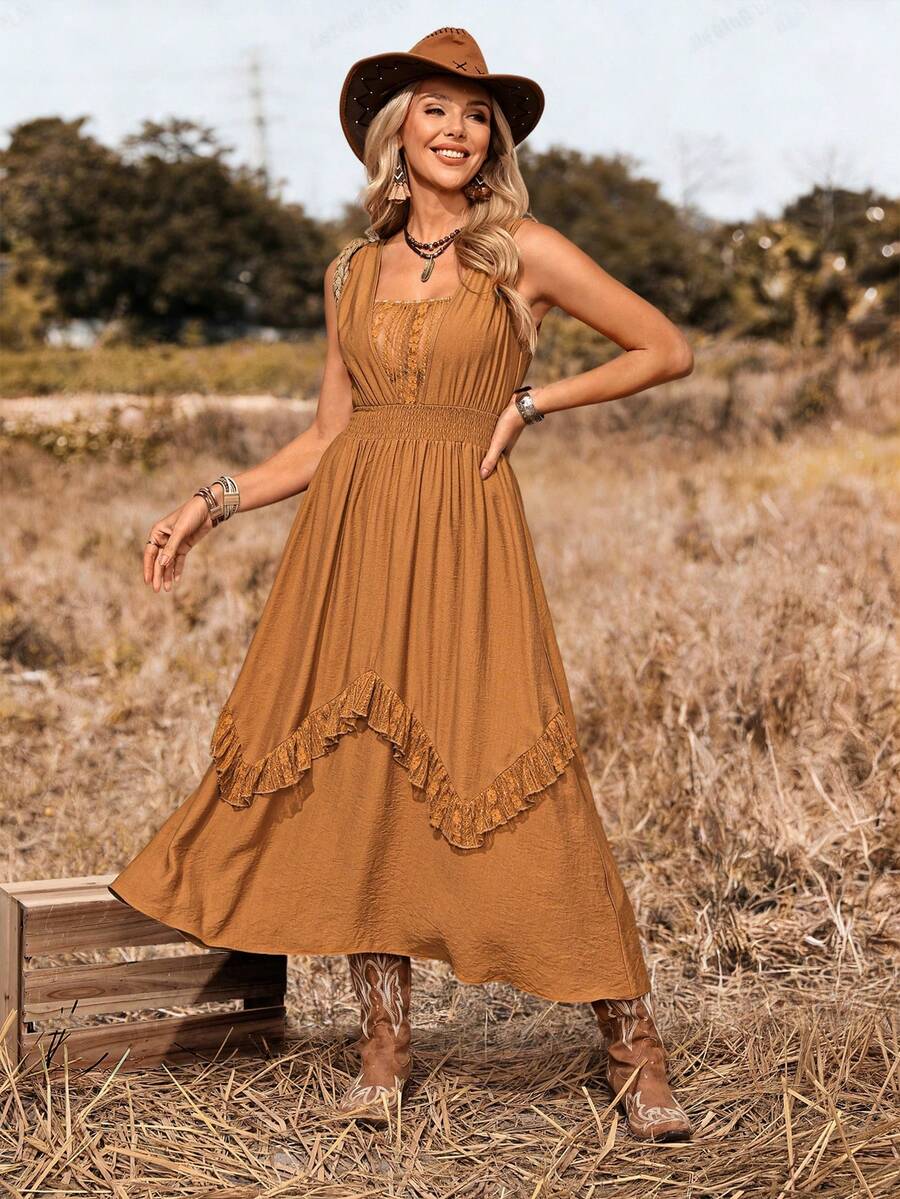 LanaWest Vestido sin mangas de unicolor con volantes en la cintura, estilo occidental para mujer - Caqui - Ver 1