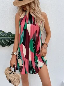 SHEIN Holidaya 撞色领无袖褶皱宽松夏季连衣裙 - 彩色 - 查看 4