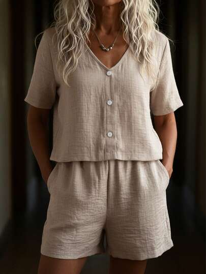 SHEIN Holidaya 女士纯色V领短袖上衣和口袋短裤两件套休闲套装