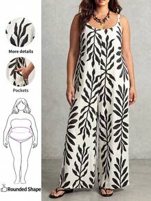 Enliva Plus Size Women's Wide-Leg Jumpsuit,Tropical Plant Leaf Print Sleeveless Boho Summer Vacation Holiday Beige Jumpsuit For Apple And Rounded - Apricot - View 2