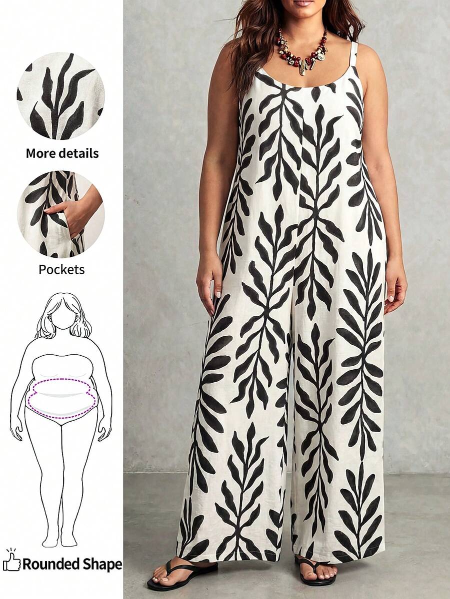 Enliva Plus Size Women's Wide-Leg Jumpsuit,Tropical Plant Leaf Print Sleeveless Boho Summer Vacation Holiday Beige Jumpsuit For Apple And Rounded