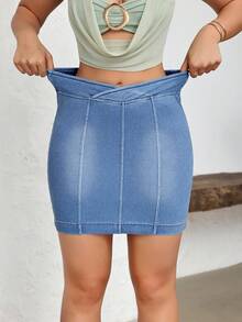 Flexra 女士不对称腰身休闲修身牛仔迷你裙 - 藍色 - 查看 4