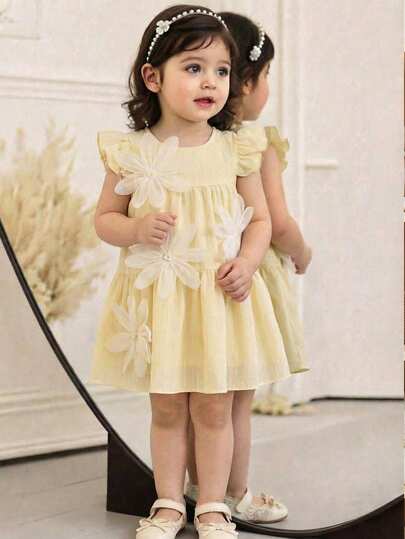 女婴连衣裙，3D立体花朵装饰，可爱时尚，百搭春夏裙装