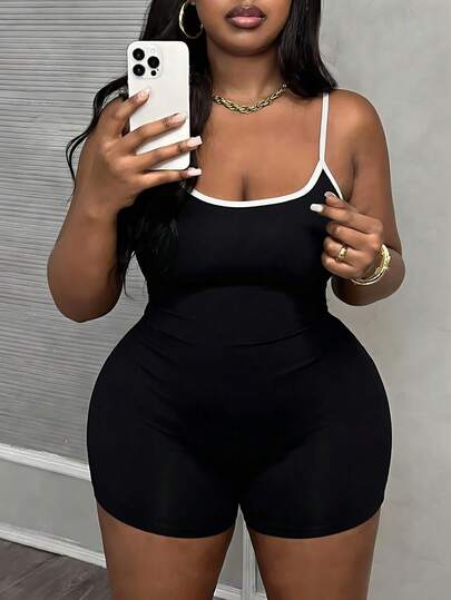 Slaydiva Bộ jumpsuit nữ cỡ lớn phối màu đen trắng tương phản, thích hợp cho mùa hè, phong cách Y2K, thời trang đường phố, lễ hội âm nhạc.