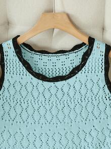 SHEIN Franclia 新款简约夏日度假风优雅镂空波浪领性感吊带修身连衣裙，撞色针织背心无袖毛衣两件套，春夏款 - 淺藍色 - 查看 7