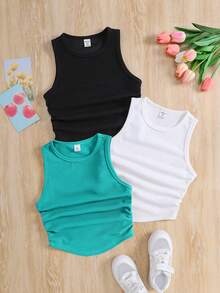 SHEIN Conjunto de 3 piezas para niña preadolescente: Top corto casual de punto de cuello alto ajustado de unicolor - Multicolor - Ver 1