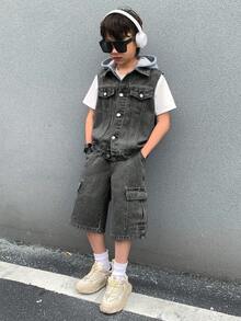 SHEIN 两件套青少年男童时尚休闲Y2K复古酷炫街头基础款简约舒适蓝色牛仔针织连帽无袖背心和舒适宽松牛仔短裤两件套，适合青少年男童日常穿着，也适合儿童春夏派对、节日和街头服饰。 - 黑色 - 查看 7