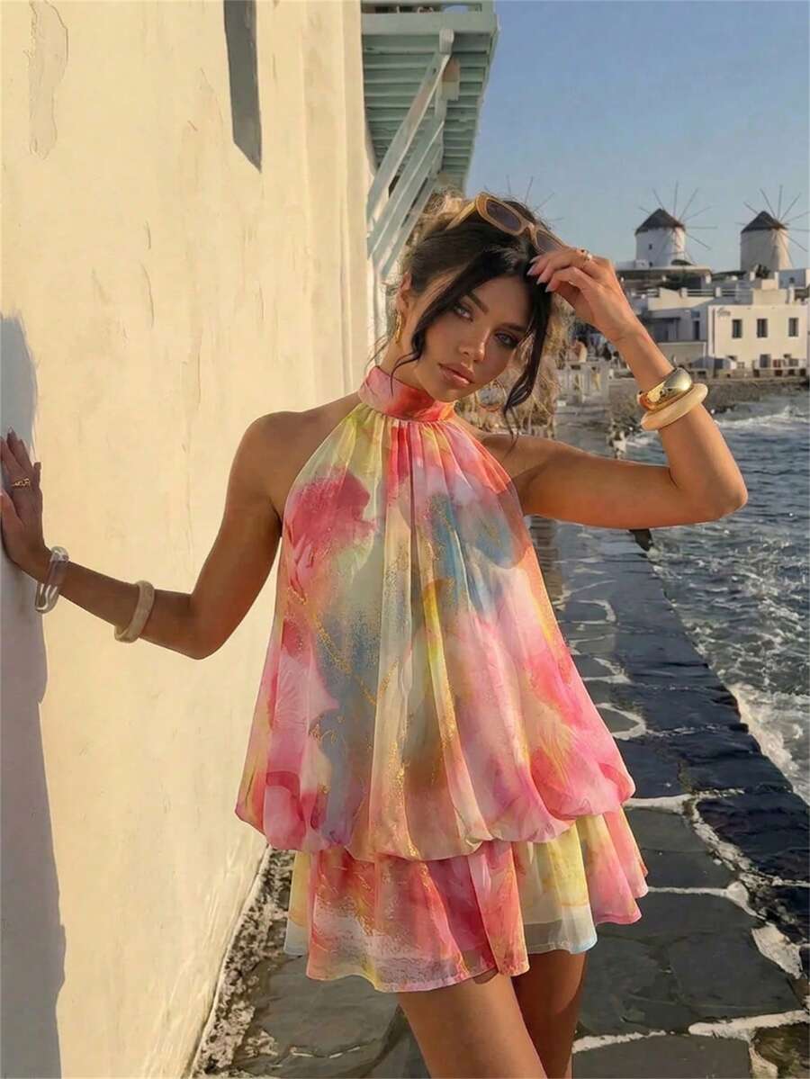 Aloruh Đầm ngắn màu vàng nhạt thanh lịch dành cho nữ, kiểu cổ yếm buộc dây.