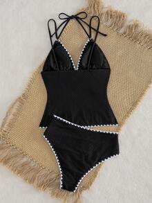 Swim Vcay Baju Renang Tankini Wanita Terbaru dengan Kain Bertekstur, Garis Dekoratif Hitam, dan Desain Pinggang Berkerut, Bikini Tali Tipis untuk Liburan - Hitam - View 2