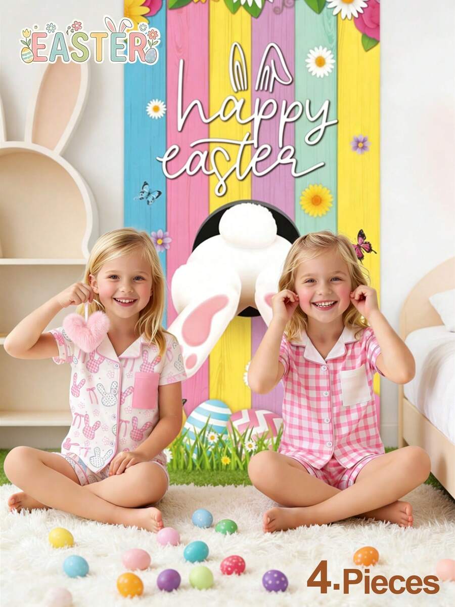 Conjunto de pijama de 4 piezas para niñas con estampado a cuadros y diseño de conejo, con polo de cuello corto y pantalones cortos - Multicolor - Ver 1