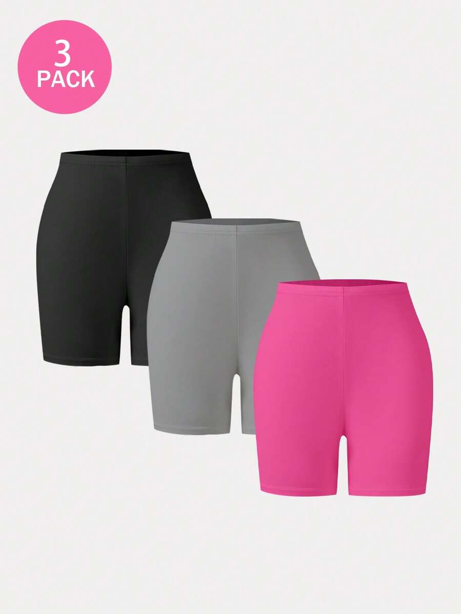 3pcs/Set Teen GirlSolid Black, Gray, Rose Red Knit Leggings, Stretchy Fabric, Versatile Cropped Pants - Multicolor - View 1