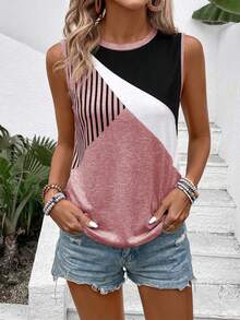 SHEIN Women's Color Block Round Neck Casual Versatile Daily Wear Top - Multicolor - View 4
