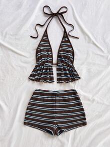 Soleia Bộ đồ 2 món dành cho nữ: áo tank top cổ yếm viền bèo nhún và quần short. - Cà phê nâu - Xem 6