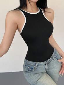 Rafferiza Women's Contrast Trim Round Neck Fitted Bodysuit, Versatile For Daily Wear - Black - View 6