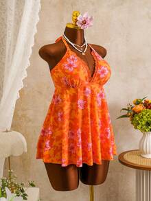 Zestiva 2026 New Floral Print Minimalist Sweet Black Plus Size Tankini Swimwear Set, Summer - Multicolor - View 4