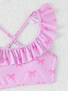 少女比基尼套装，可爱女孩度假学院风休闲粉色条纹蝴蝶结针织面料荷叶边装饰吊带两件式泳衣，时尚优雅女士适合游泳、夏季度假、海滩、泳池、假日派对 - 粉色 - 查看 4
