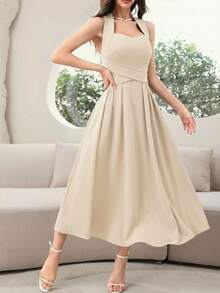 Modelyn 女款素色露背米色洋裝，優雅無袖長版晚禮服，夏季女裝常規尺寸女裙正式晚餐禮服女款舞會禮服優雅Yisikado洋裝Zeya優雅洋裝婚禮特殊場合婚禮 - 杏色 - 查看 3