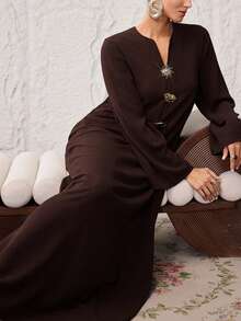 Al Najma Plus Size Women Metal Sun Decor V-Neck Loose Arabic Style Dress - Coffee Brown - View 7