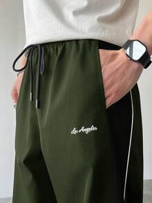 Manfinity EMRG Men's Casual Color Block Drawstring Straight Leg Pants, Loose Fit Long Black Patchwork Straight Leg Sweatpants For Outdoor - Army Green - View 6