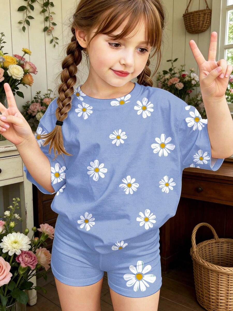 SHEIN Bộ đồ thể thao tối giản thường ngày cho bé gái, gồm áo thun cổ tròn tay ngắn dáng rộng và quần short bó sát, thích hợp cho mùa xuân/hè. - Nhiều màu - Xem 1