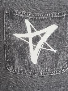 SHEIN 女童街头风涂鸦+暗黑甜美图案，猫咪、字母、星星、蝴蝶结印花宽松背带裤，小众设计女童黑色背带裤，适合日常穿着和聚会，春夏款 - 灰色 - 查看 5