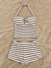 Soleia Conjunto de 2 piezas de top halter a rayas y shorts casuales de vacaciones para mujer - Marrón - Ver 3