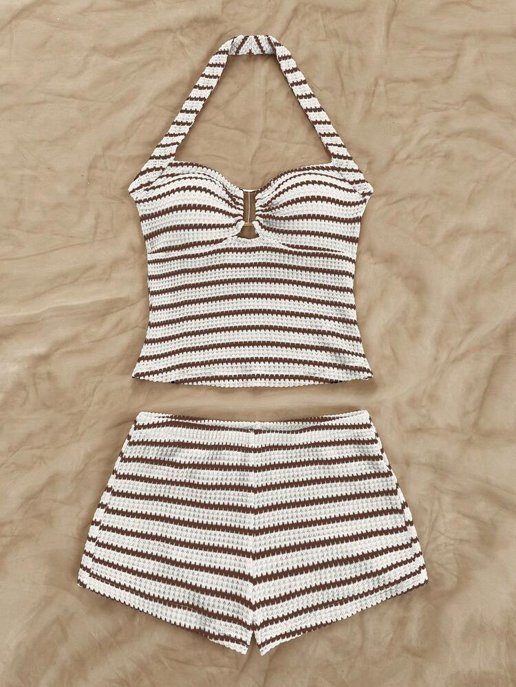 Soleia Conjunto de 2 piezas de top halter a rayas y shorts casuales de vacaciones para mujer - Marrón - Añade 3