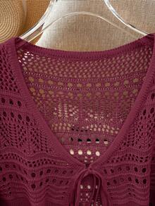 Franclia New Solid Color Hollow Crochet Lace Lightweight Cardigan, Versatile Outerwear For Women - Burgundy - View 6