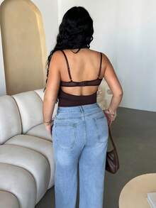 Dayanna Comas 女士蕾丝拼布紧身性感吊带背心 - 咖啡棕 - 查看 2