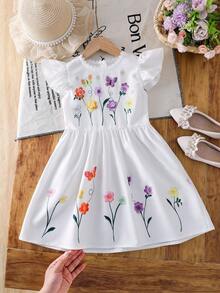 Emery Rose Kids 买一送一两件套，包含一个免费斜挎包。可爱少女编织刺绣圆领荷叶边连衣裙，搭配斜挎包，姐妹装，适合春夏穿着。 - 白色 - 查看 2