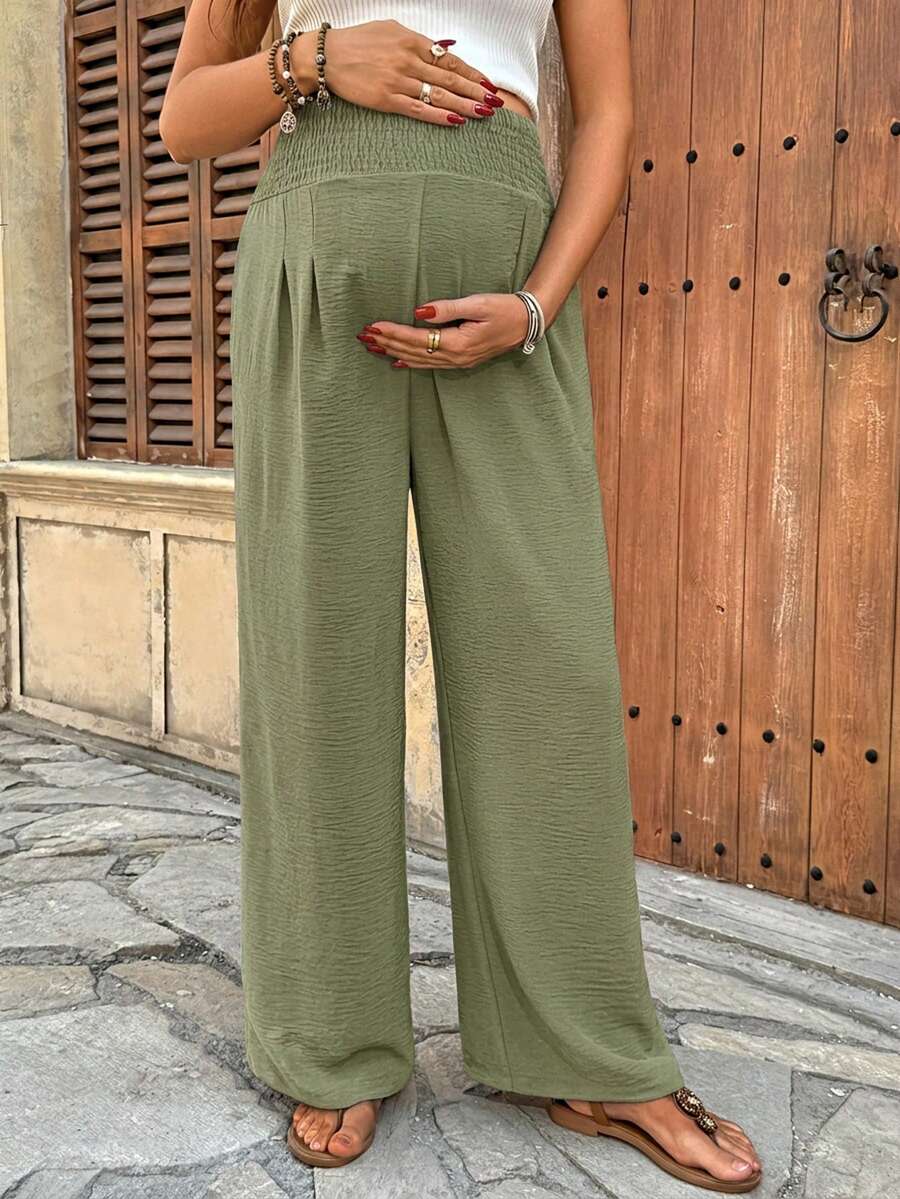 SHEIN Maternity Solid Color Waist Drawstring Loose Wide Leg Pants - Green - View 1
