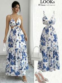 Elenzga Đầm xòe chữ A hở lưng, thắt eo, nơ rỗng, họa tiết hoa xanh trắng dành cho nữ, thích hợp cho công sở, thời trang, thanh lịch, đa năng, lãng mạn, ngọt ngào, phong cách Pháp cổ điển, đi nghỉ mát. - Nhiều màu - Xem 1