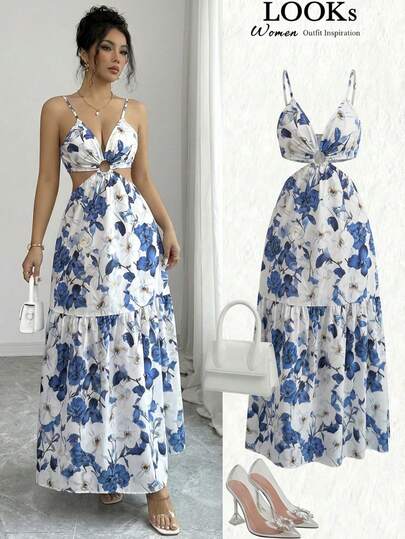 Elenzga Đầm xòe chữ A hở lưng, thắt eo, nơ rỗng, họa tiết hoa xanh trắng dành cho nữ, thích hợp cho công sở, thời trang, thanh lịch, đa năng, lãng mạn, ngọt ngào, phong cách Pháp cổ điển, đi nghỉ mát.