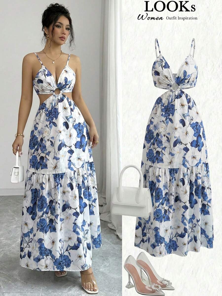 Elenzga Đầm xòe chữ A hở lưng, thắt eo, nơ rỗng, họa tiết hoa xanh trắng dành cho nữ, thích hợp cho công sở, thời trang, thanh lịch, đa năng, lãng mạn, ngọt ngào, phong cách Pháp cổ điển, đi nghỉ mát. - Nhiều màu - Xem 1