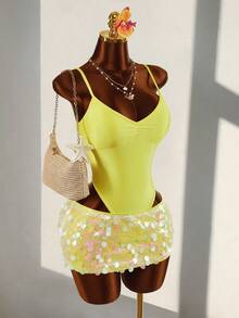 Amplova Conjunto de 2 piezas de mujer con camisola acanalada verde neón y minifalda ajustado con lentejuelas sexy - Amarillo - Ver 4