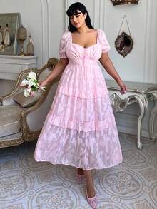 Lyrianda Women's Elegant Pink Plus Size Long Dress With Queen Anne Neckline And Ruffle Hem Perfect For Summer Birthdays - Pink - View 4