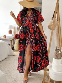 Vionelle Plus Size Women's New Elegant Spring/Summer Vacation Dress, Cardigan With Tie Belt, Digital Floral Print Maxi Dress, Loose Flowy Casual Short Sleeve Dress, Suitable For Outerwear, Vacation, Travel, Bohemian Style Elegant Plus Size Red Floral Print Long Boho Wrap Dress With V Neck Short Batwing Sleeves For Women, - Red - View 8