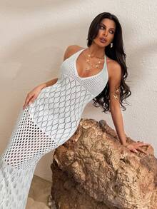SHEIN Women Crochet Knit Maxi Dress Halter Neck Deep V Hollow Out Beach Cover Up White - White - View 4