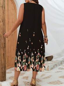 INAWLY Plus Floral Print Tank Dress, Summer - Black - View 2
