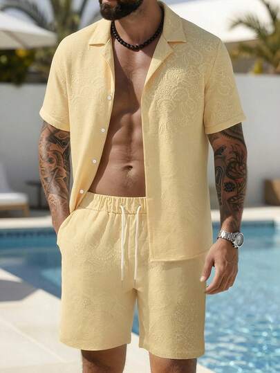 VENTUSAIL 男士短袖单排扣衬衫短裤休闲套装 男士佩斯利黄色短裤套装 黄色两件套 男士两件套服装 黄色两件套短裤套装 男士夏季两件套 适合日常休闲、周末旅行、户外活动、探险旅行、轻松的工作环境或半正式场合、送给男友/丈夫的礼物、周年纪念/生日礼物、派对、夏季假期、婚礼、春夏男士邮轮套装、游艇套装、沙滩套装